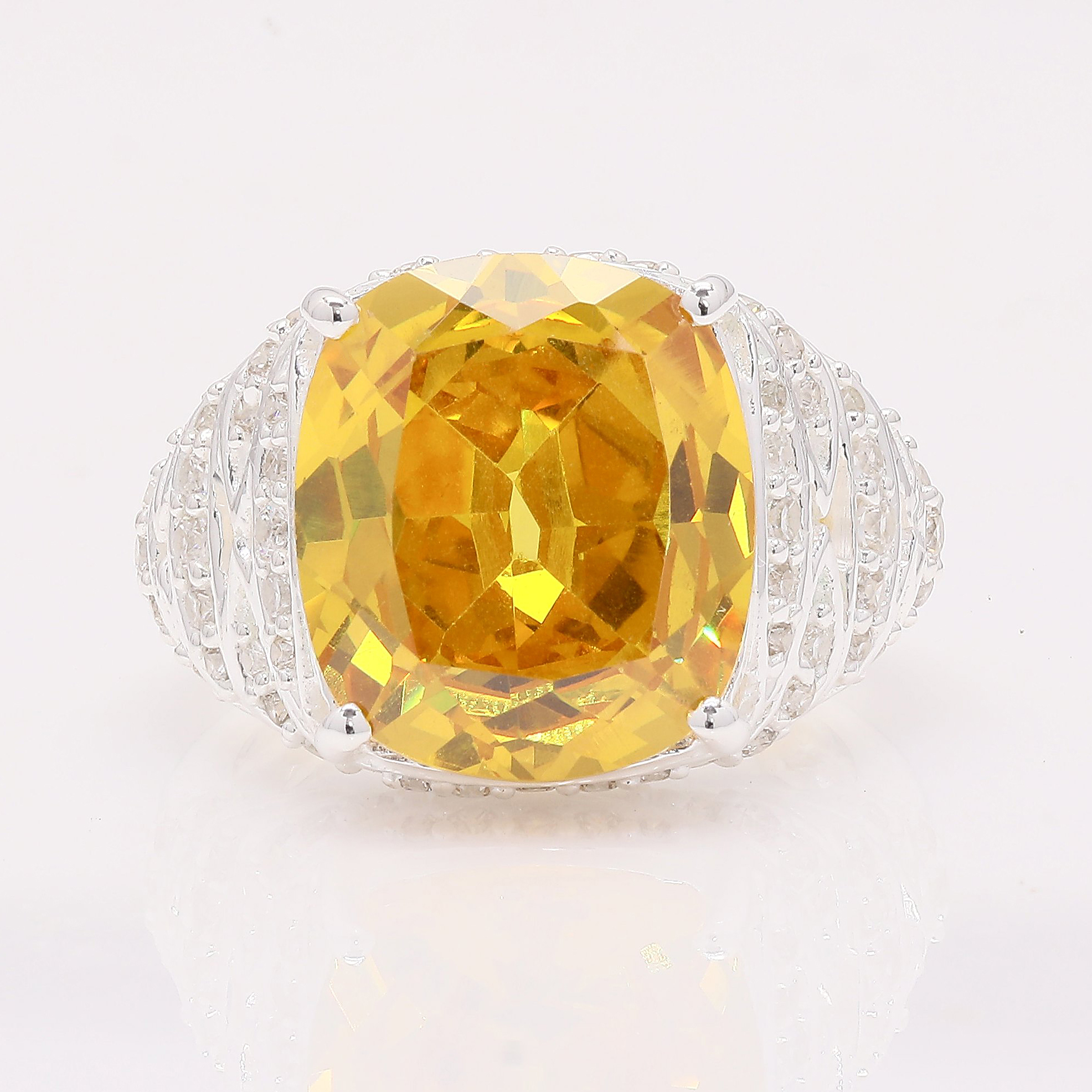 NO RESERVE 16.40 Ct Cushion Yellow Cz, White Cz 925 Sterling Silver Ring