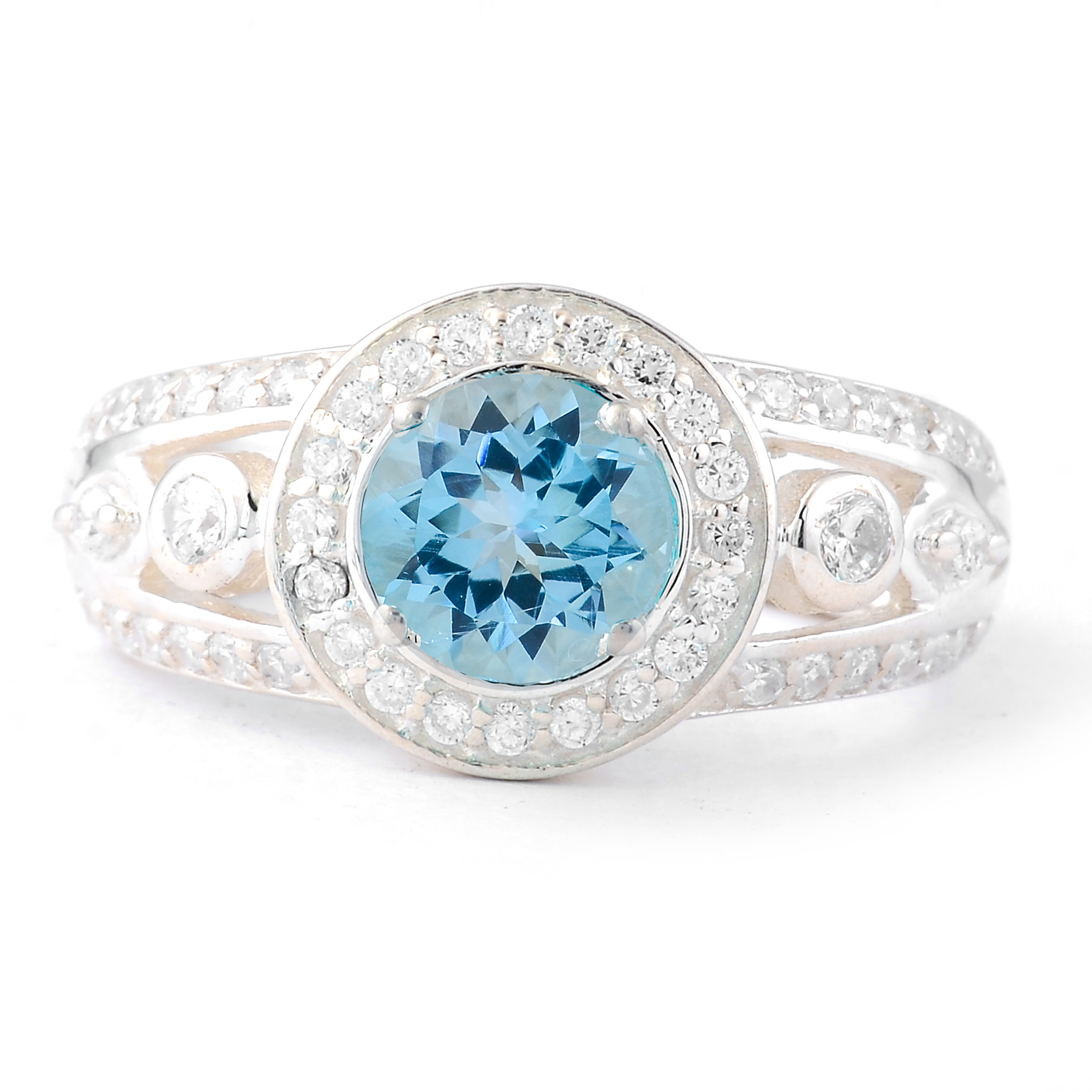 NO RESERVE 1.73 Ct Round Swiss Blue Topaz, Cubic Zirconia 925 Sterling Silver Ring