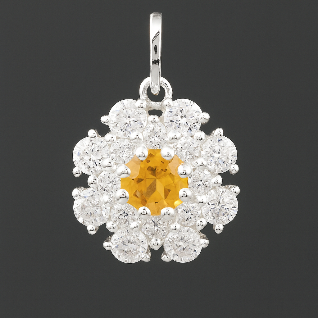 NO RESERVE 1.85 Ct Round Citrine, Cubic Zirconia 925 Sterling Silver Pendant