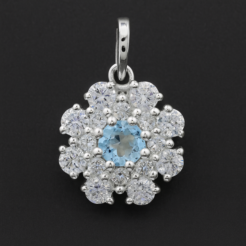 NO RESERVE 1.87 Ct Round Blue Topaz, Cubic Zirconia 925 Sterling Silver Pendant