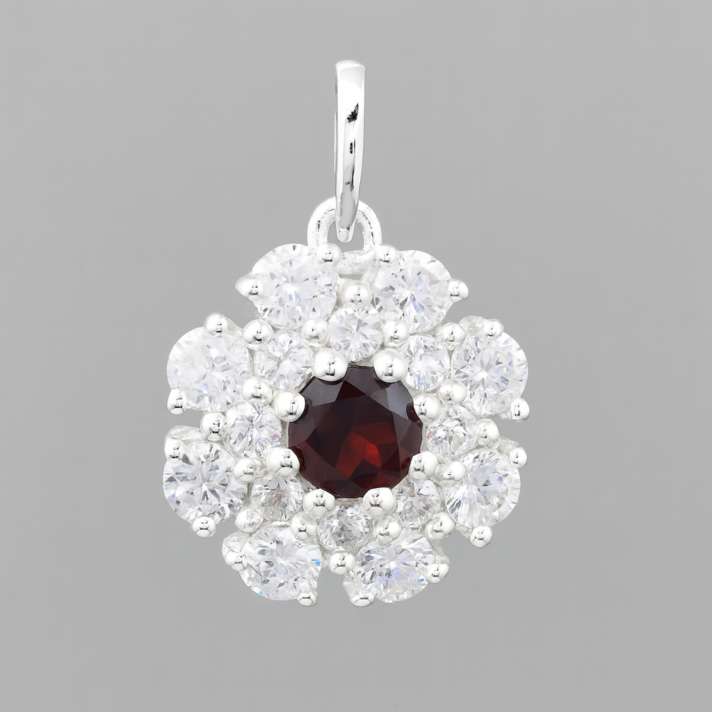 NO RESERVE 1.97 Ct Round Garnet, Cubic Zirconia 925 Sterling Silver Pendant