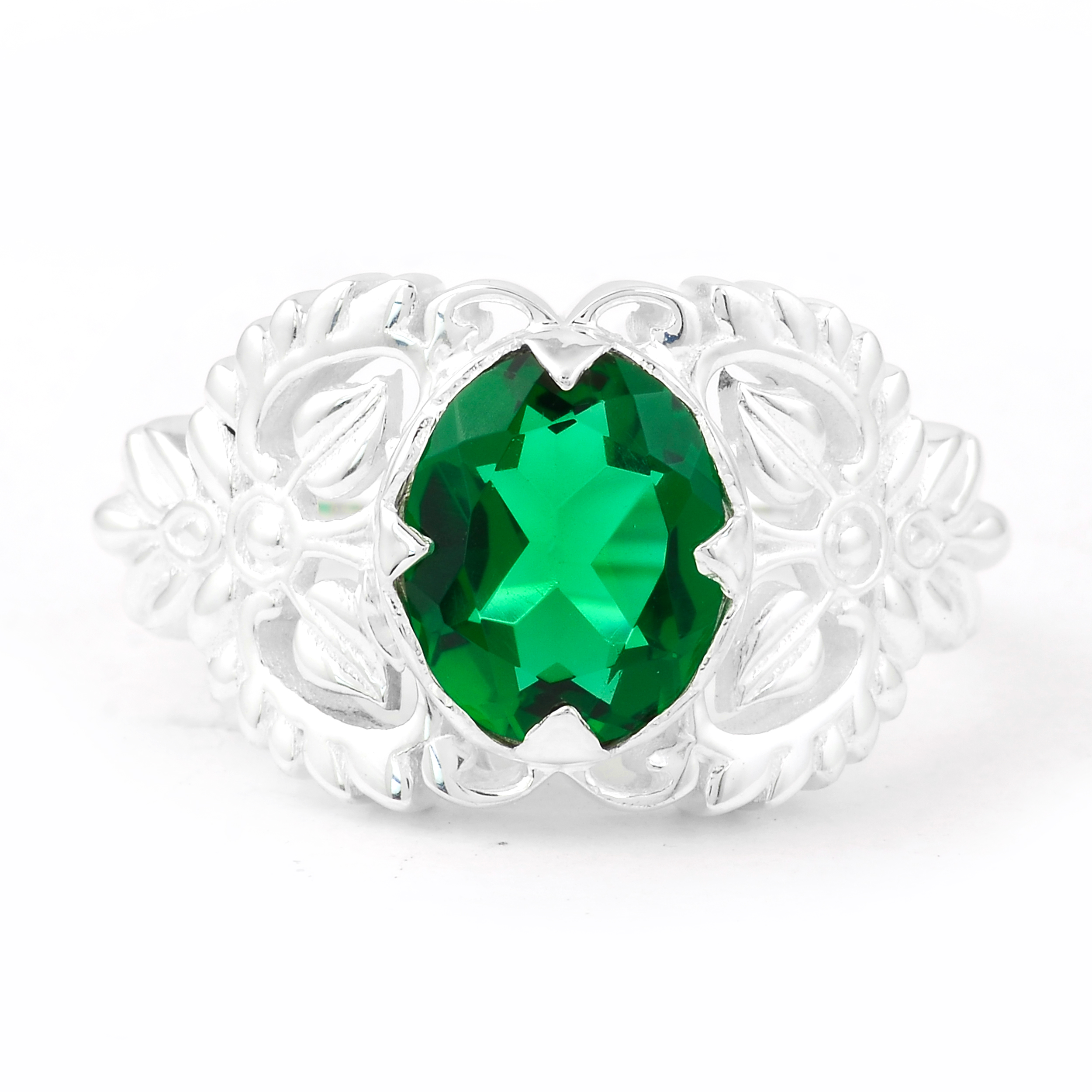 NO RESERVE 2.15 Ct Oval Created Emerald 925 Sterling Silver Ring