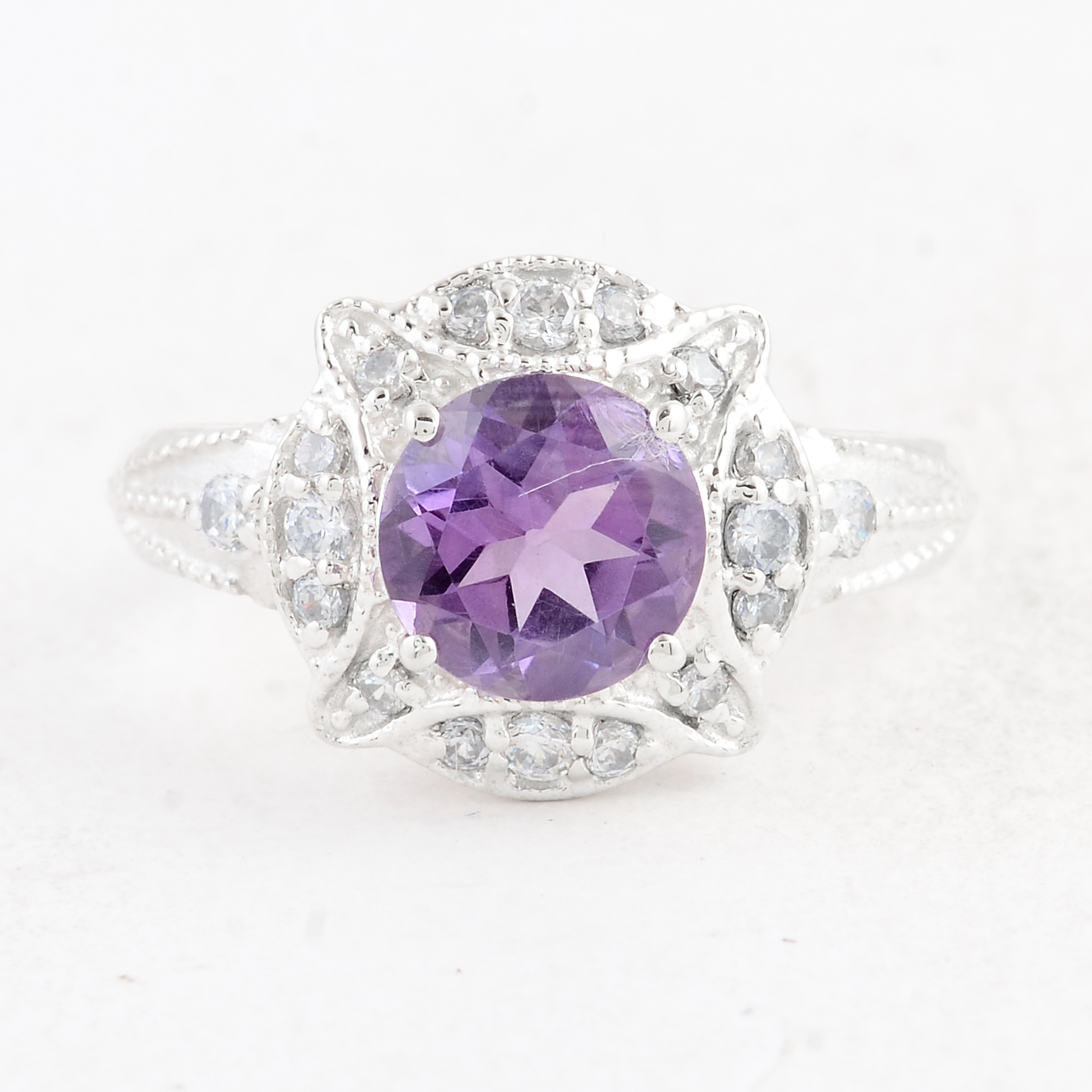 NO RESERVE 2.38 Ct Round Amethyst 925 Sterling Silver Ring