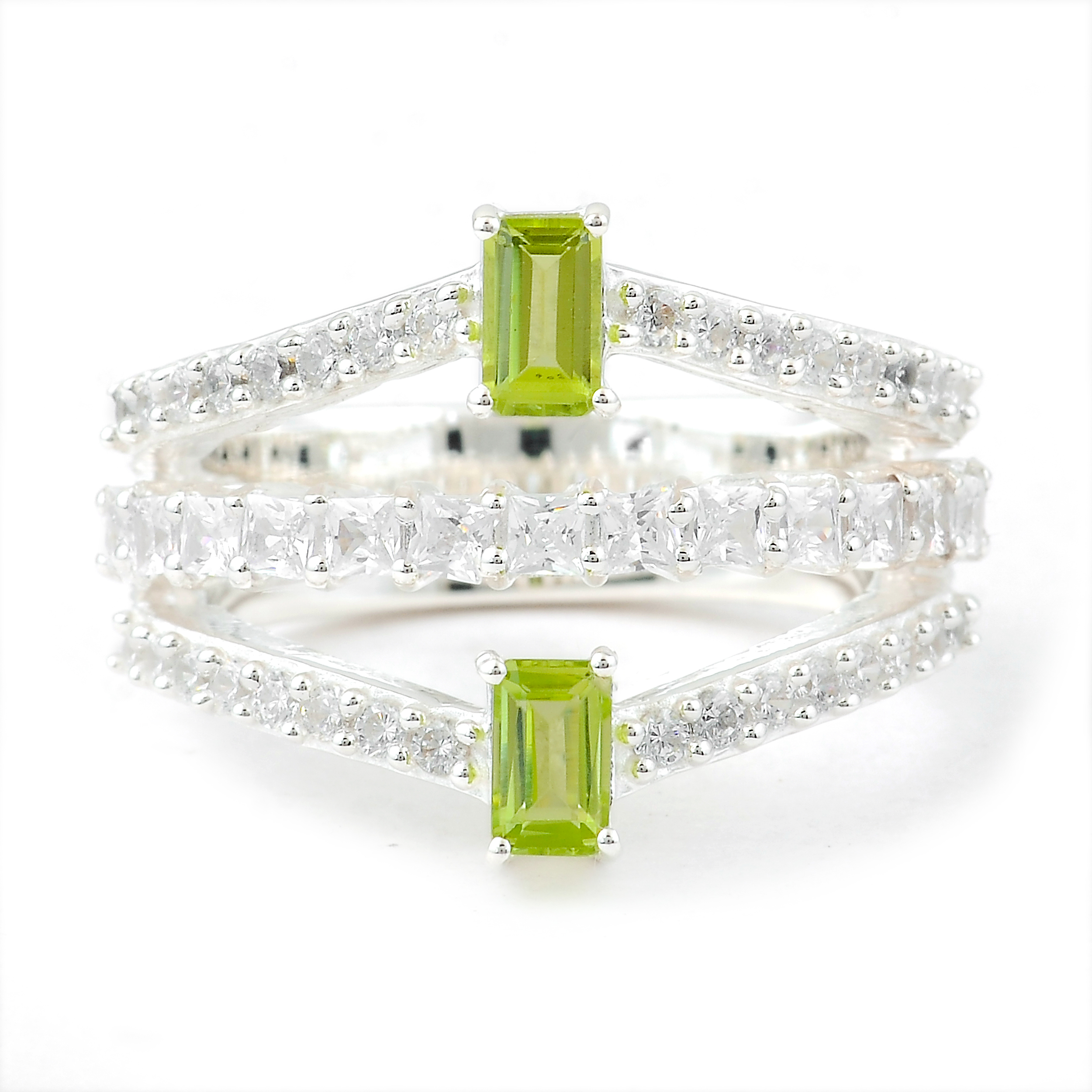 NO RESERVE 2.62 Ct Octagon Peridot, Cubic Zirconia 925 Sterling Silver Ring