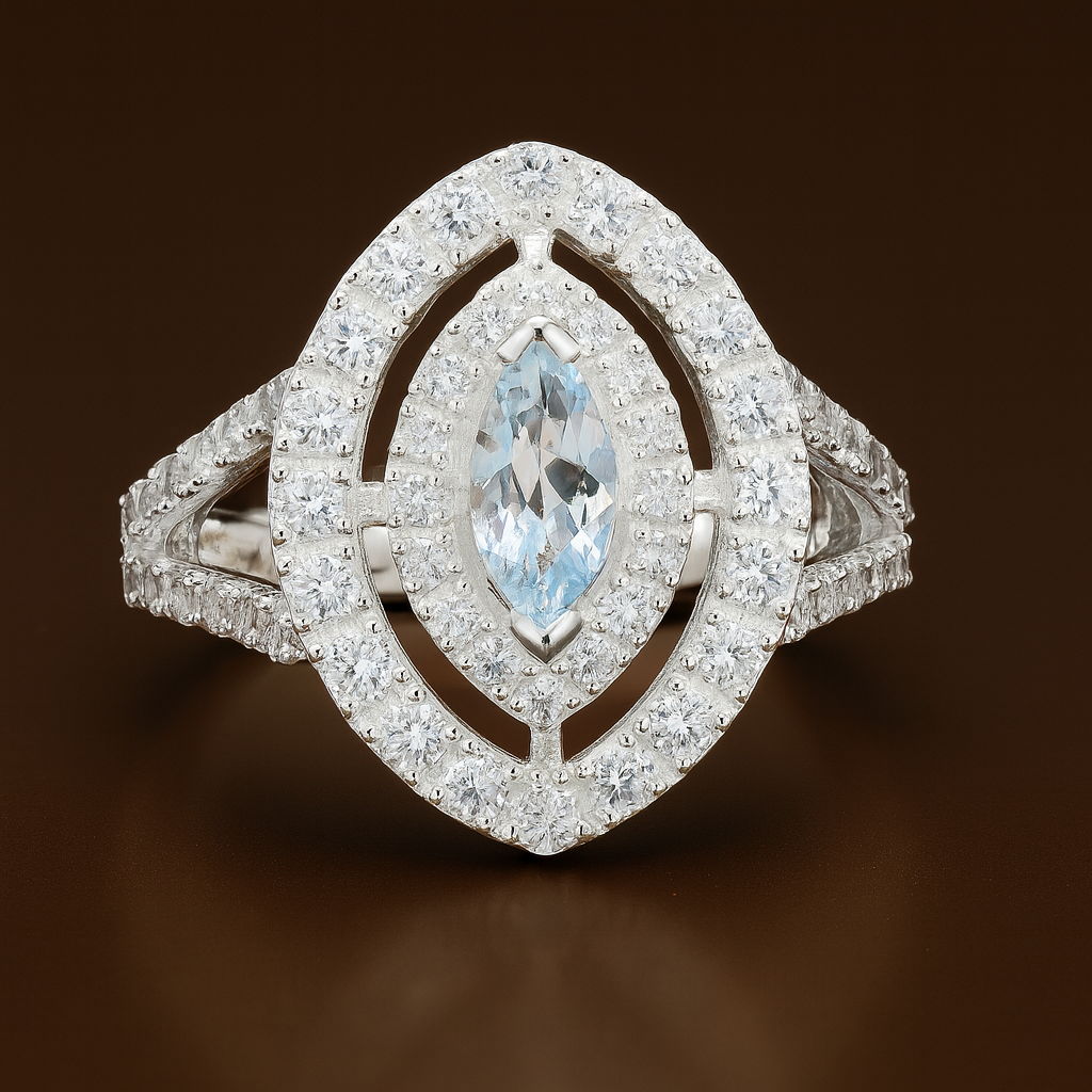 NO RESERVE 2.77 Ct Marquise Blue Topaz, Cubic Zirconia 925 Sterling Silver Ring