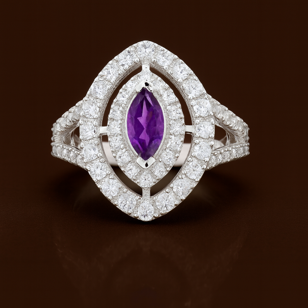 NO RESERVE 2.83 Ct Marquise Amethyst, Cubic Zirconia 925 Sterling Silver Ring