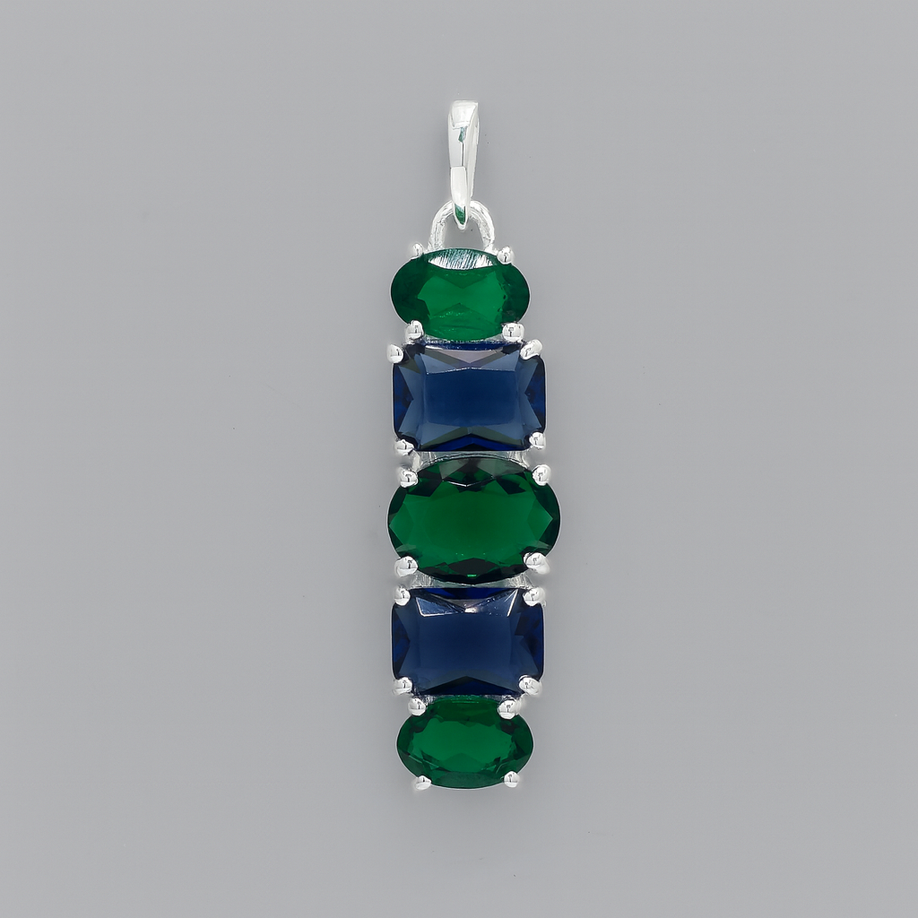 NO RESERVE 3.24 Ct Oval Created Emerald, Created Sapphire 925 Sterling Silver Pendant