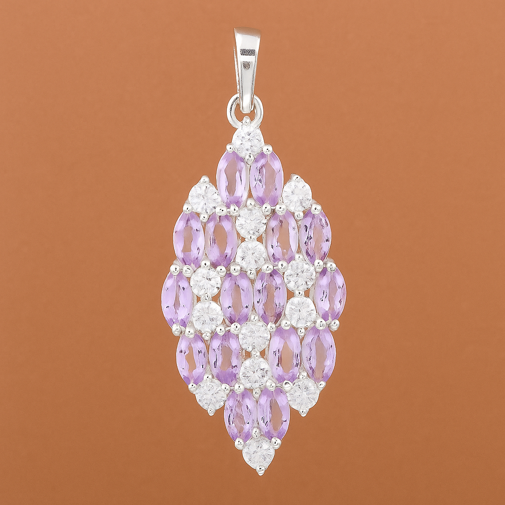 NO RESERVE 3.72 Ct Marquise Amethyst, Cubic Zirconia, 925 Sterling Silver Pendant