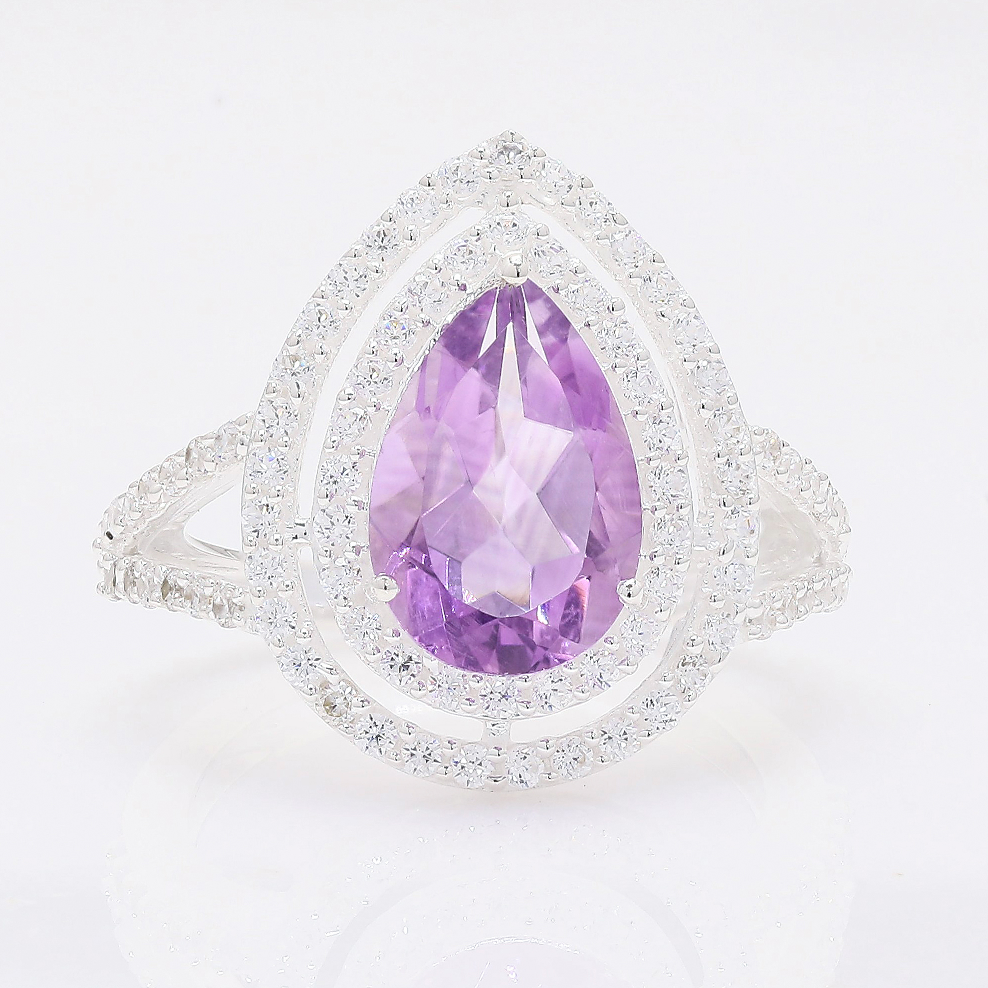 NO RESERVE 4.61 Ct Pear Amethyst, Cubic Zirconia 925 Sterling Silver Ring