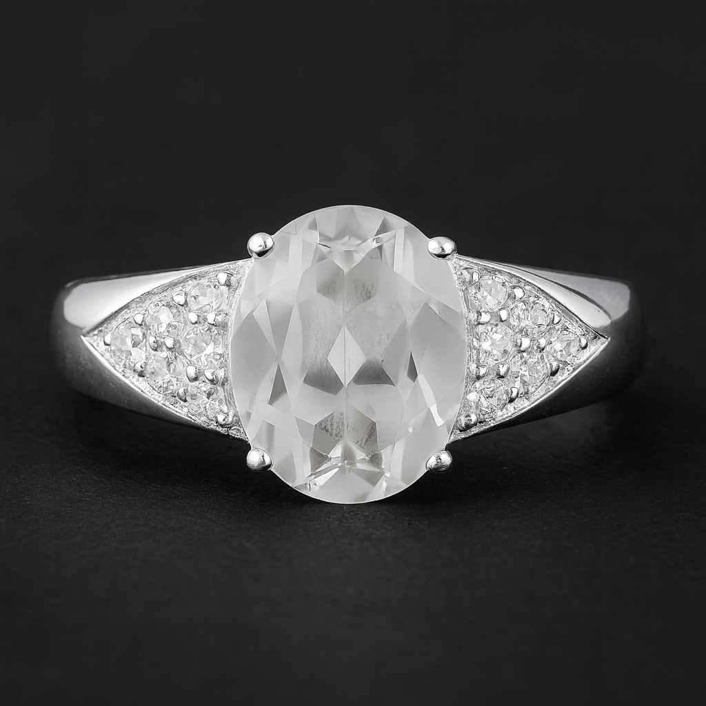 NO RESERVE 4.68 Ct Oval White Topaz, Cubic Zirconia 925 Sterling Silver Ring