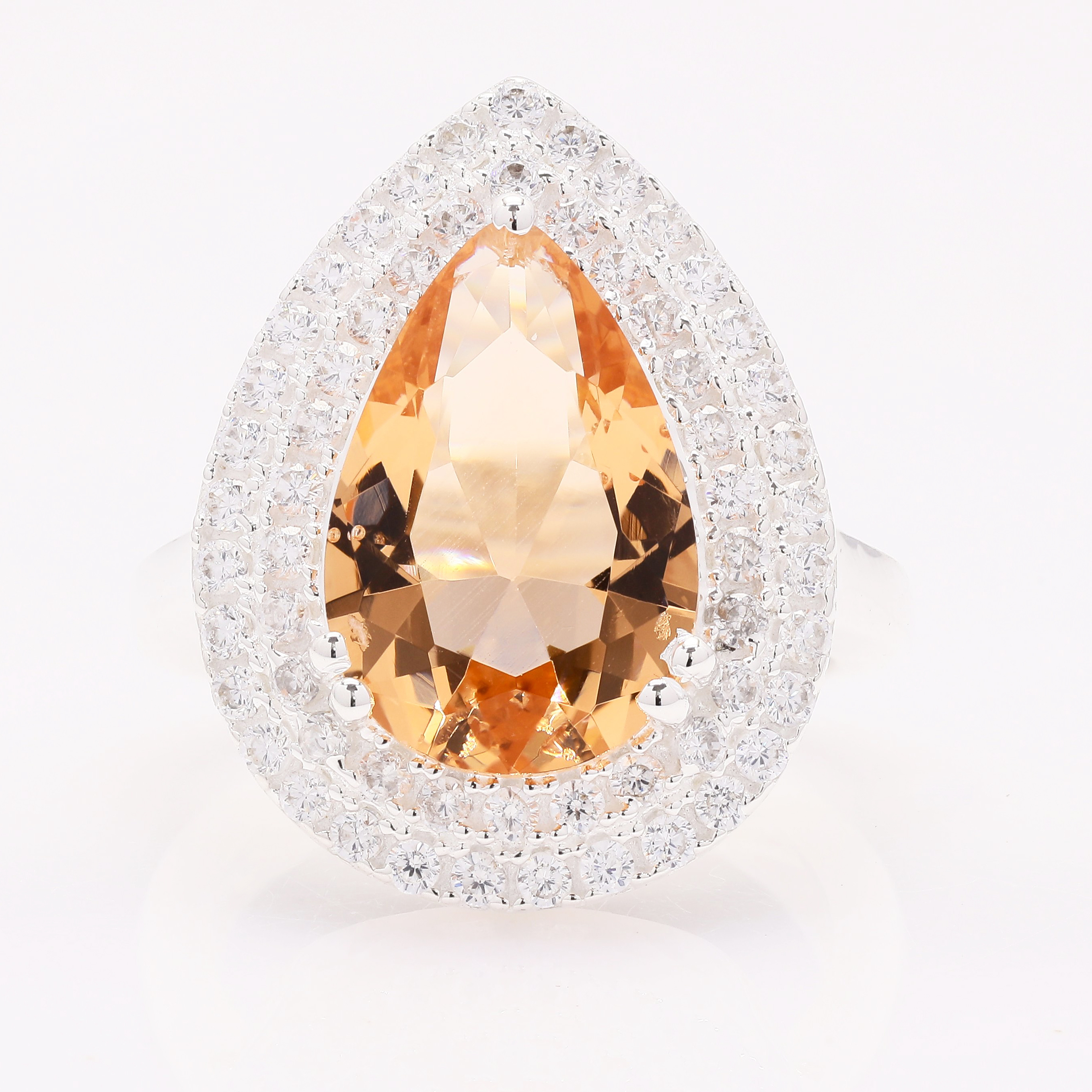 NO RESERVE 5.77 Ct Pear Created Morganite, Cubic Zirconia 925 Sterling Silver Ring