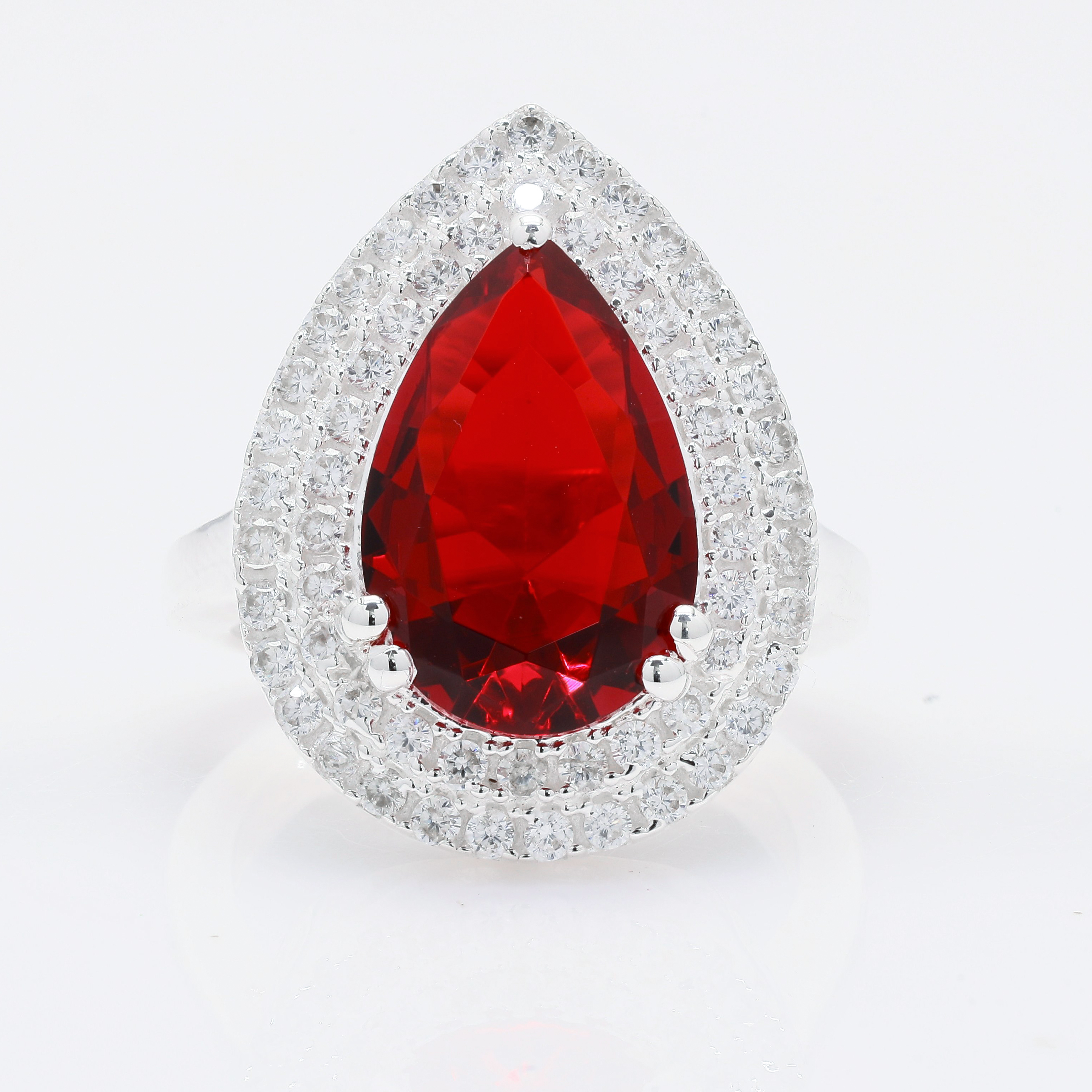 NO RESERVE 5.78 Ct Pear Created Ruby, Cubic Zirconia 925 Sterling Silver Ring