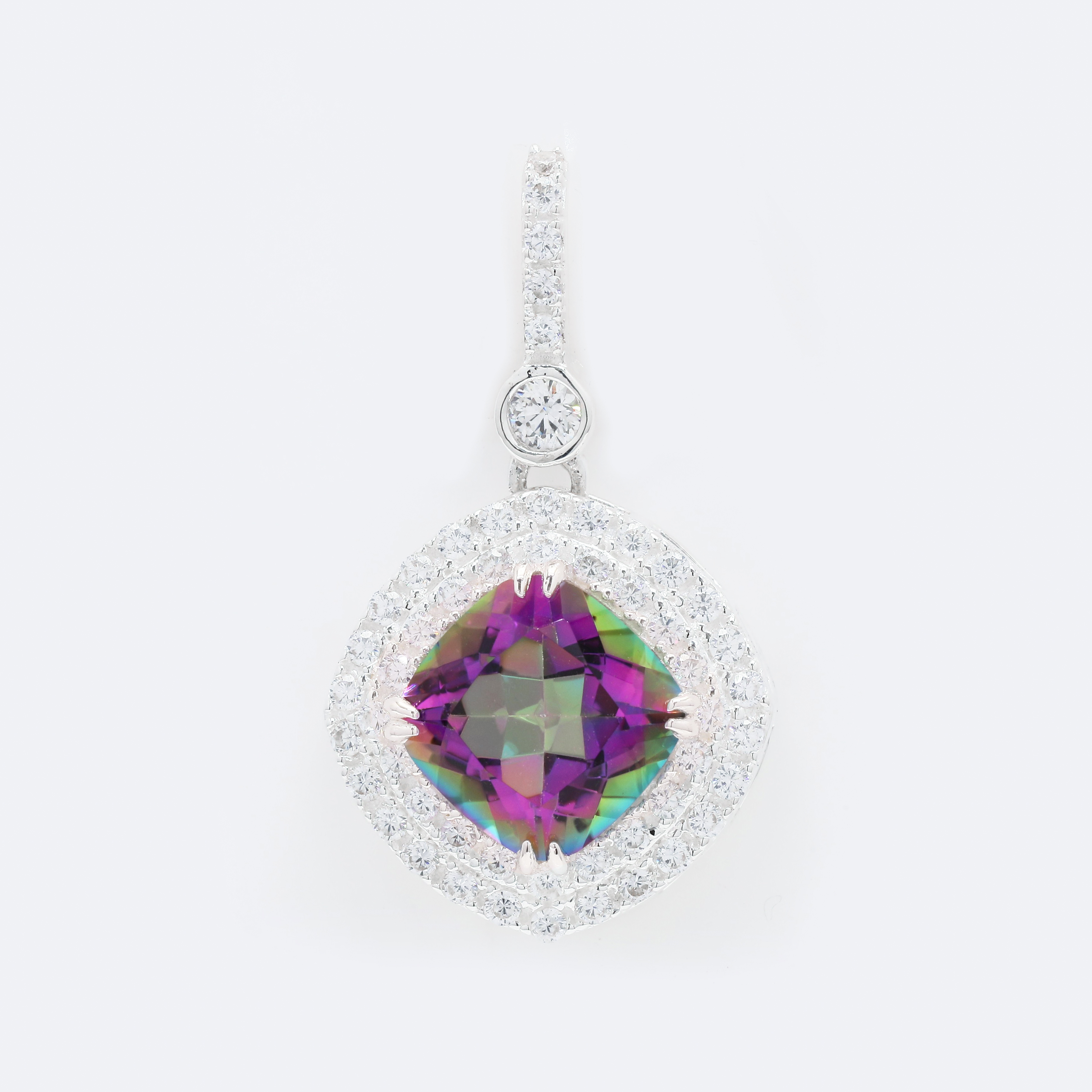 NO RESERVE 5.97 Ct Cushion Mystic Topaz, Cubic Zirconia 925 Sterling Silver Pendant