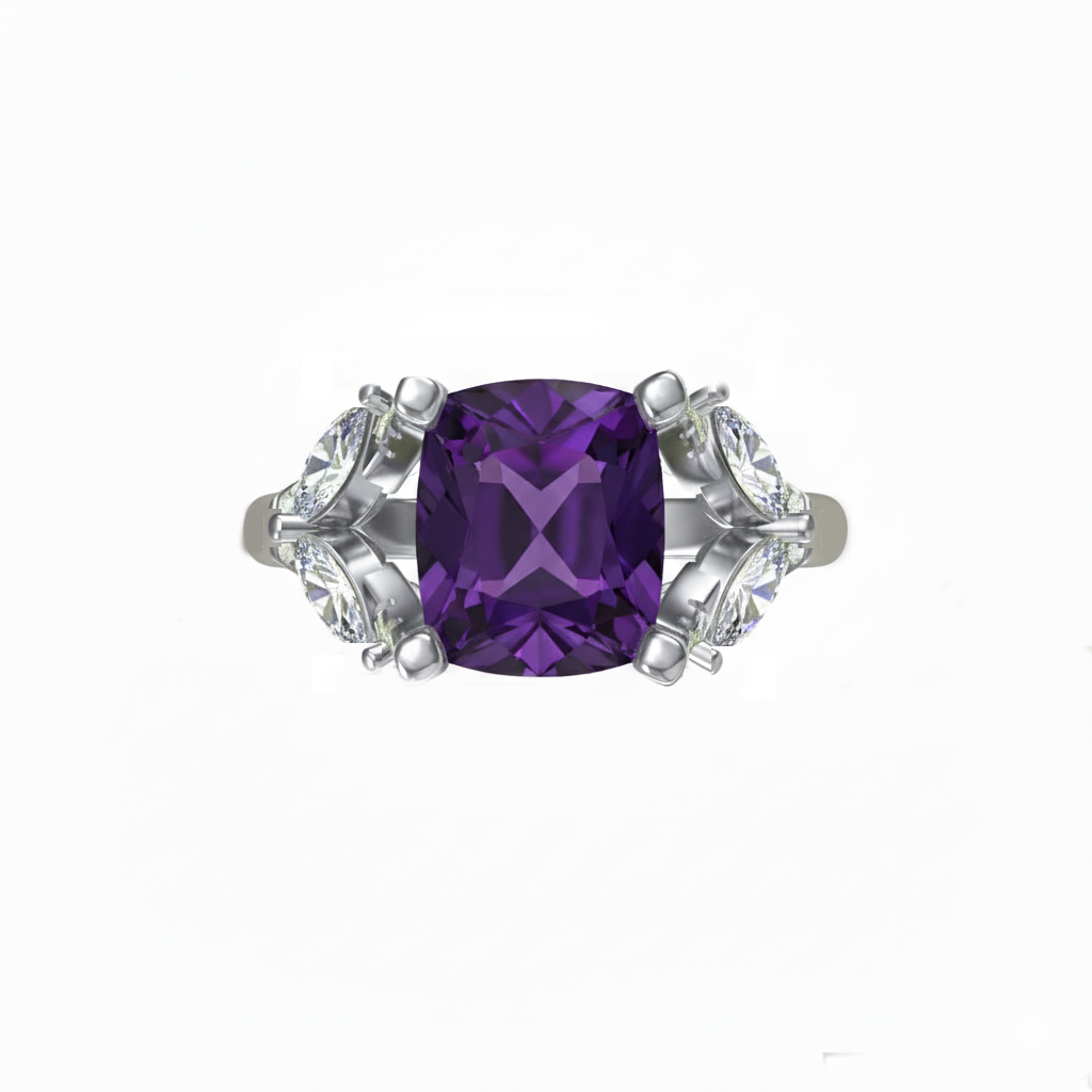 NO RESERVE 6.14 Ct Cushion Amethyst, White Topaz, Cubic Zarcon 925 Sterling Silver Ring