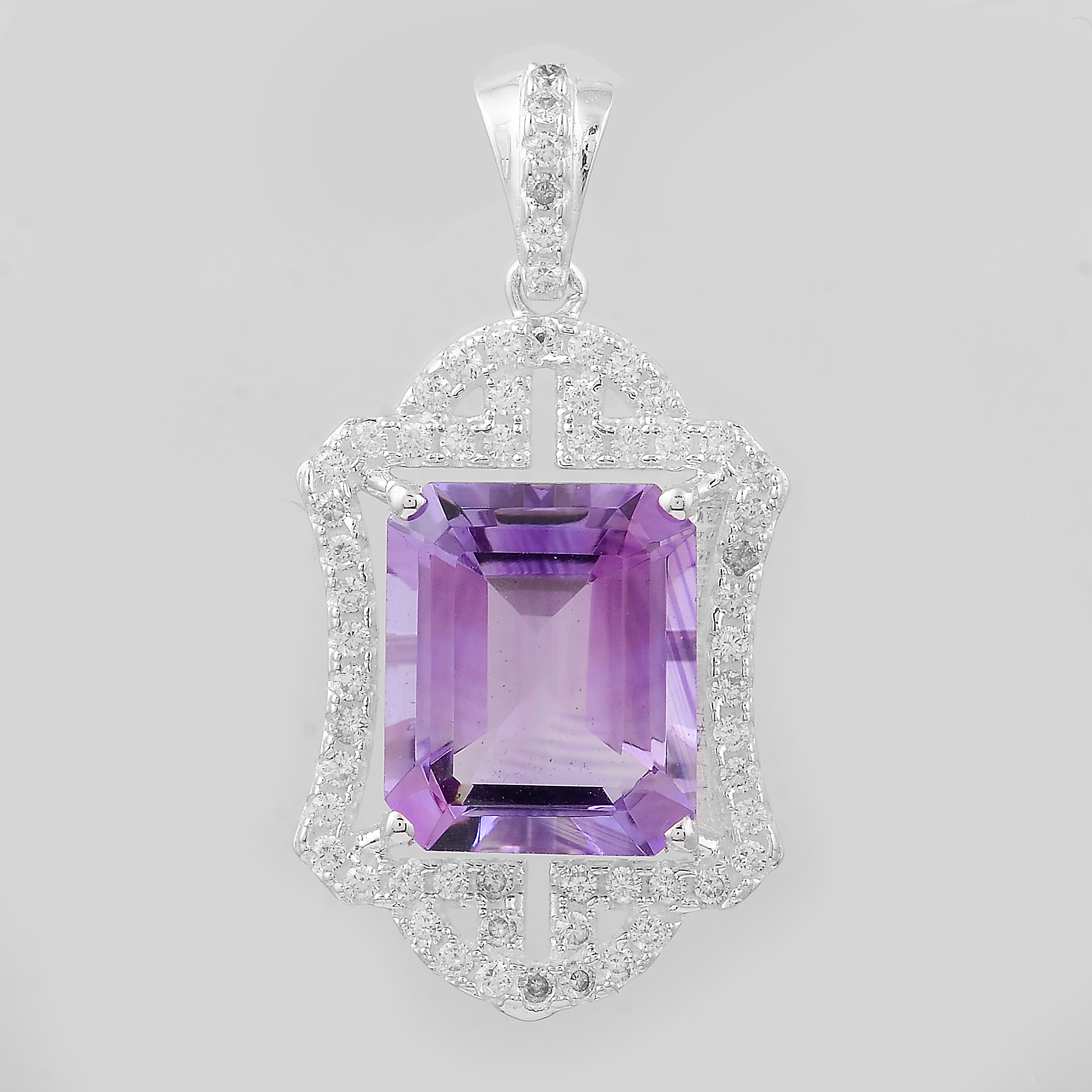 NO RESERVE 6.28 Ct Octagon Amethyst, Cubic Zirconia, 925 Sterling Silver Pendant