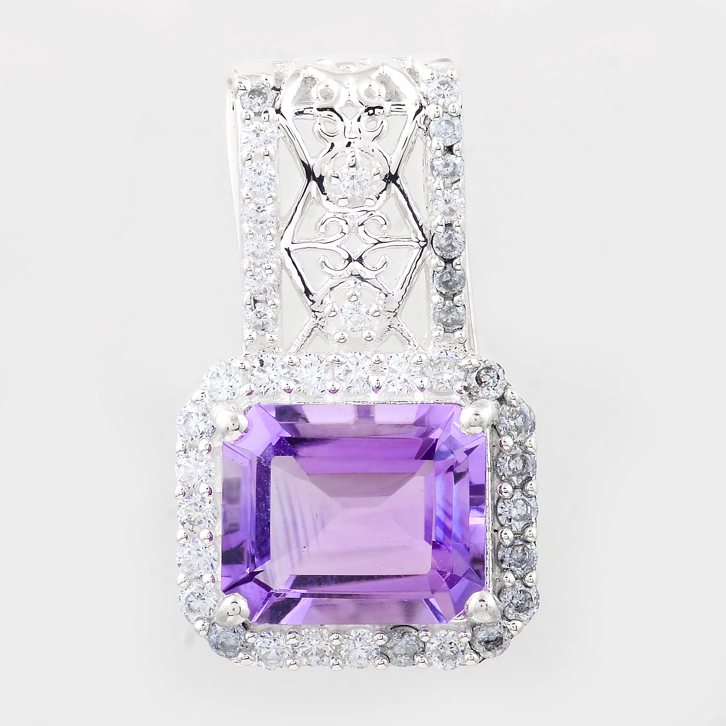 NO RESERVE 6.84 Ct Octagon Amethyst, Cubic Zirconia 925 Sterling Silver Pendant