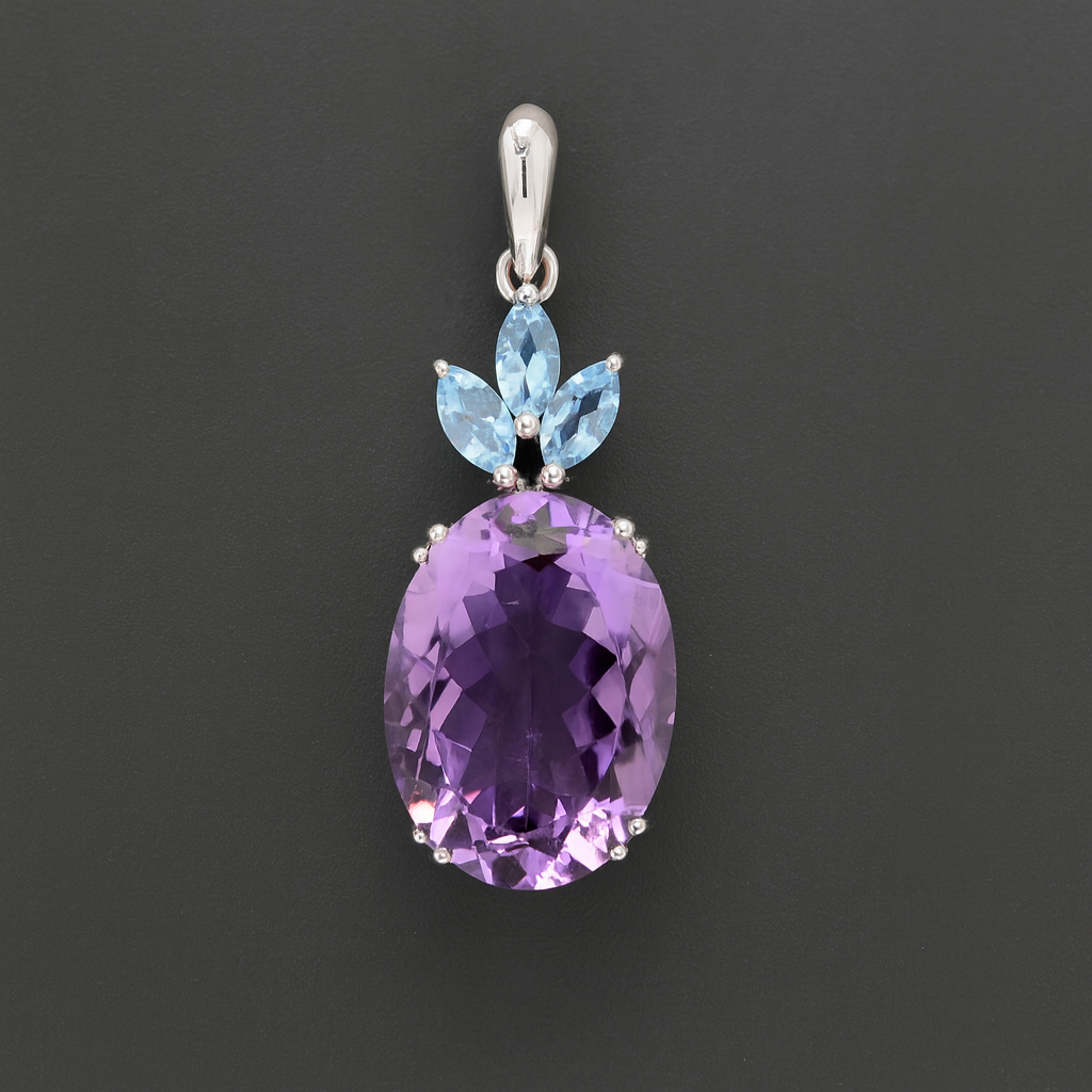 NO RESERVE 8.22 Ct Oval Amethyst, Swiss Blue Topaz 925 Sterling Silver Pendant