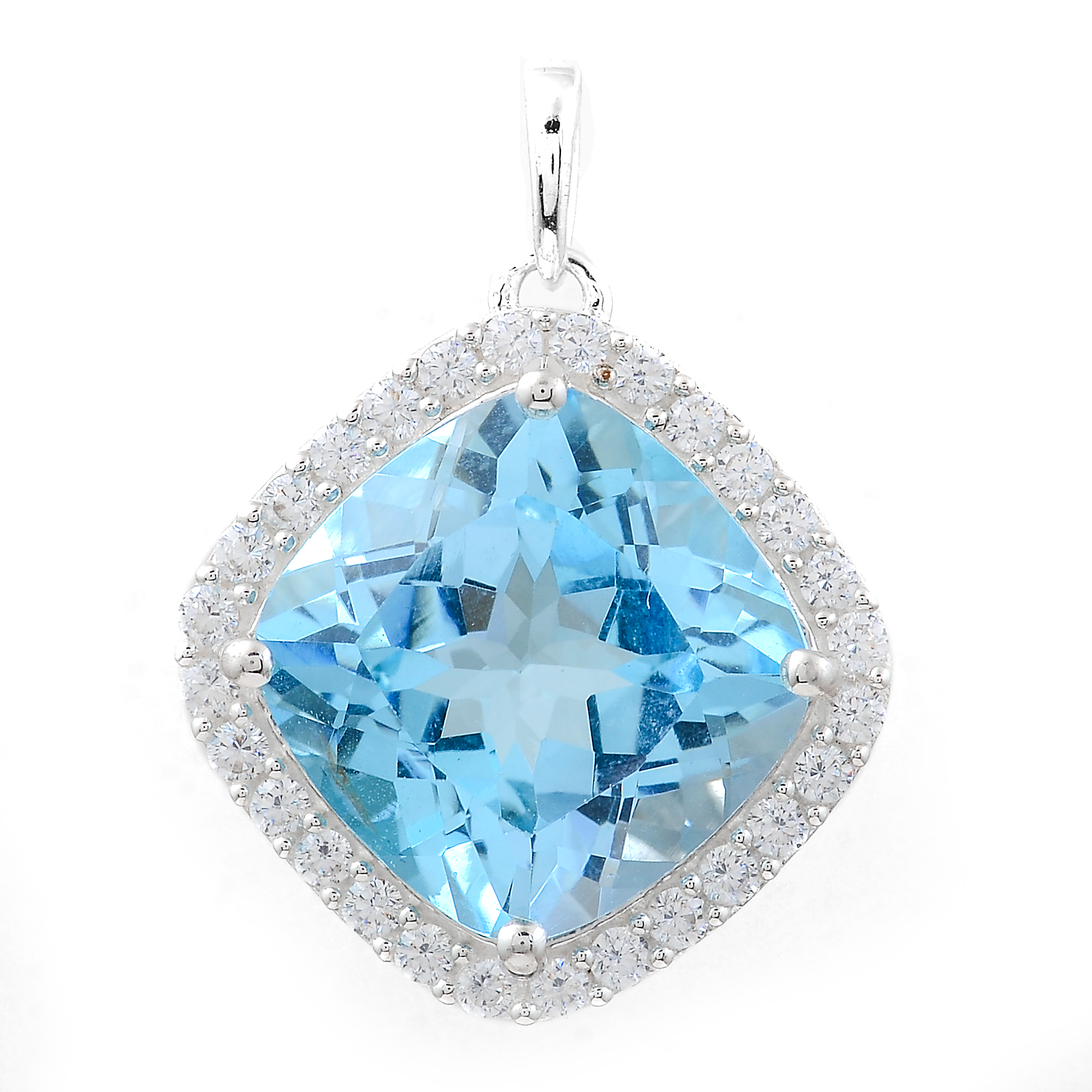 NO RESERVE 8.62 Ct Cushion Blue Topaz, Cubic Zirconia, 925 Sterling Silver Pendant