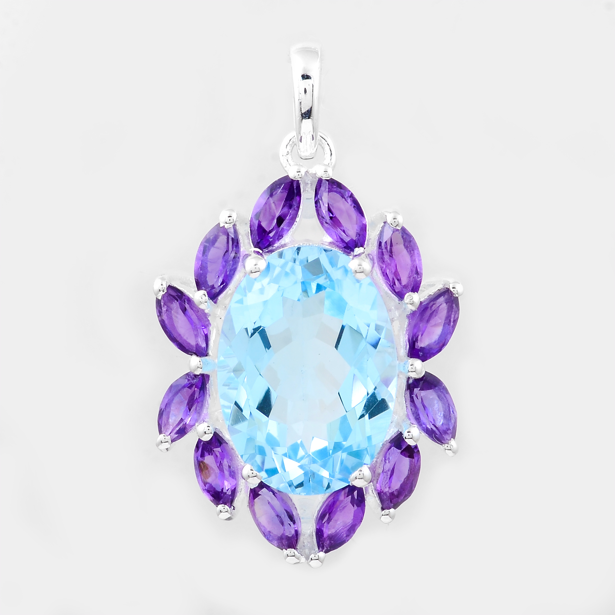 NO RESERVE 8.79 Ct Oval Blue Topaz, Amethyst, 925 Sterling Silver Pendant