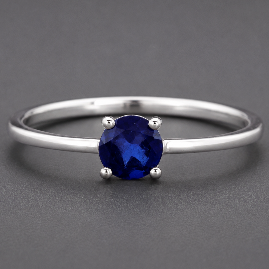 No Reserve 925 Sterling Silver 0.29 Ct Round Glass Sapphire Ring 7 US Ring Size