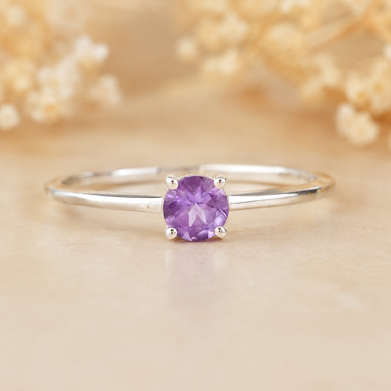 No Reserve 925 Sterling Silver 0.35 Ct Round Amethyst Ring 7 US Ring Size