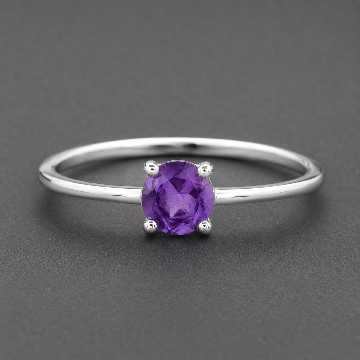 No Reserve 925 Sterling Silver 0.35 Ct Round Amethyst Ring 7 US Ring Size