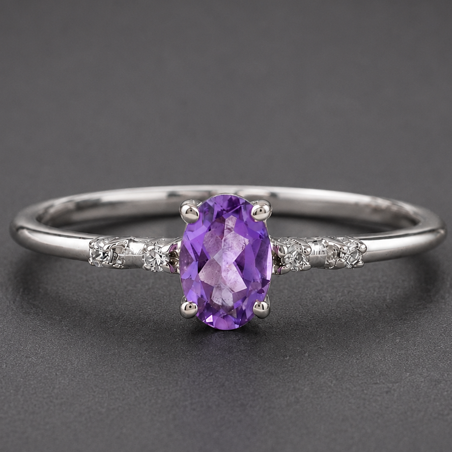 No Reserve 925 Sterling Silver 0.47 Ct Oval Amethyst Cubic Zirconia Ring 7 US Ring Size