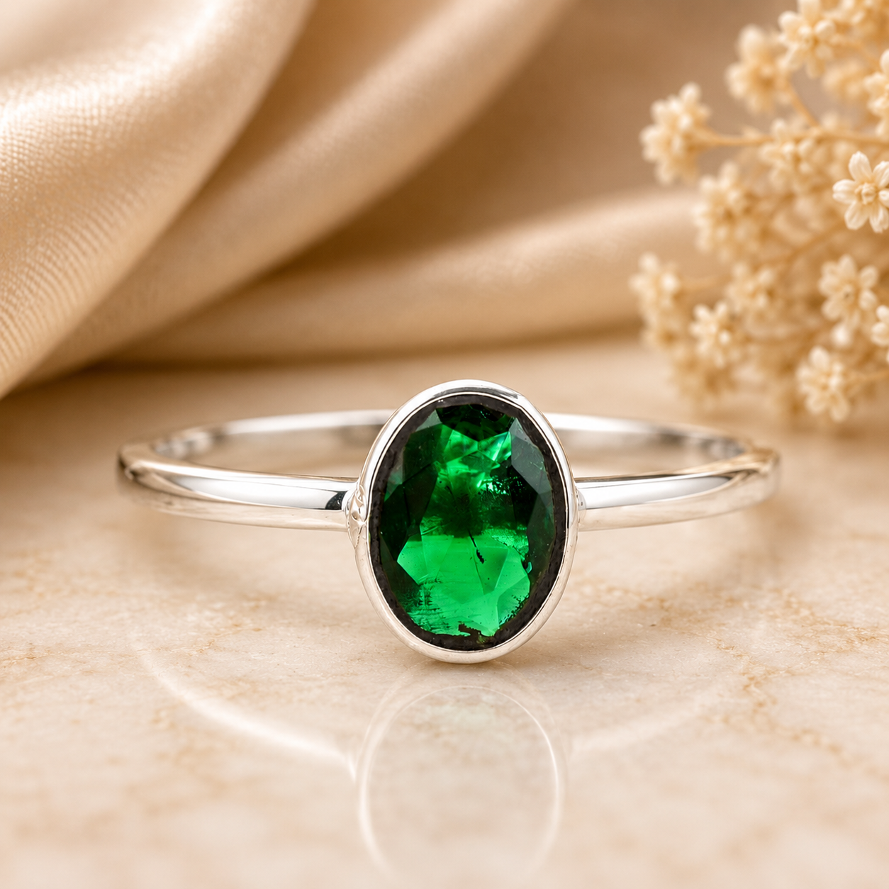 No Reserve 925 Sterling Silver 0.92 Ct Oval Created Emerald Ring