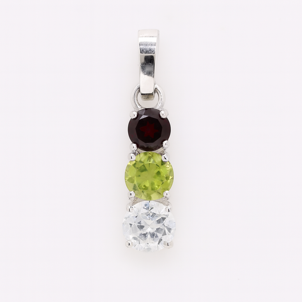 No Reserve 925 Sterling Silver 0.97 Ct Round White Topaz Peridot Garnet Pendant