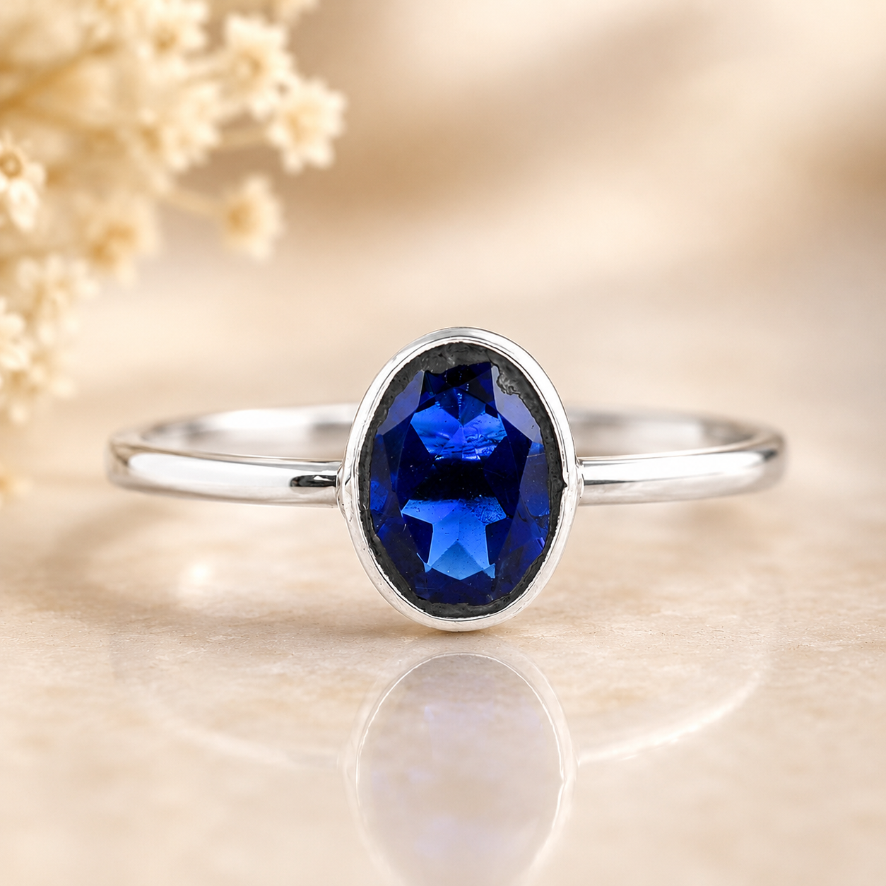No Reserve 925 Sterling Silver 0.99 Ct Oval Created Sapphire Ring