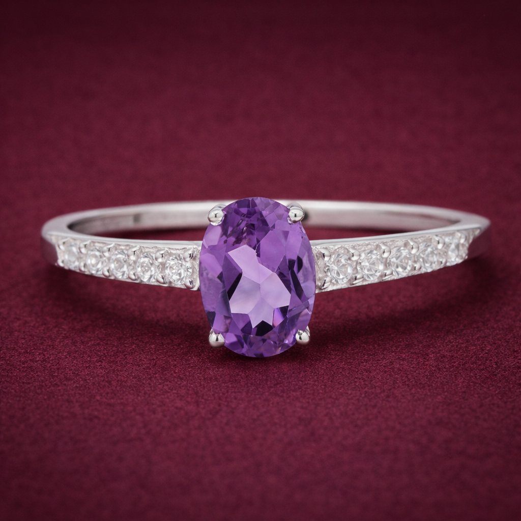 No Reserve 925 Sterling Silver 1.07 Ct Oval Amethyst Cubic Zirconia Ring 9