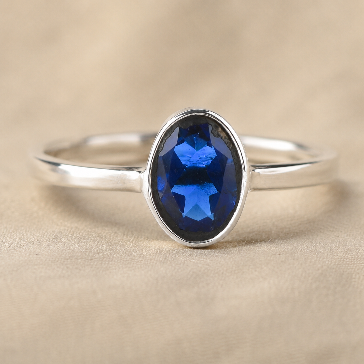 No Reserve 925 Sterling Silver 1.08 Ct Oval Created London Blue Topaz Ring 8 US Ring Size