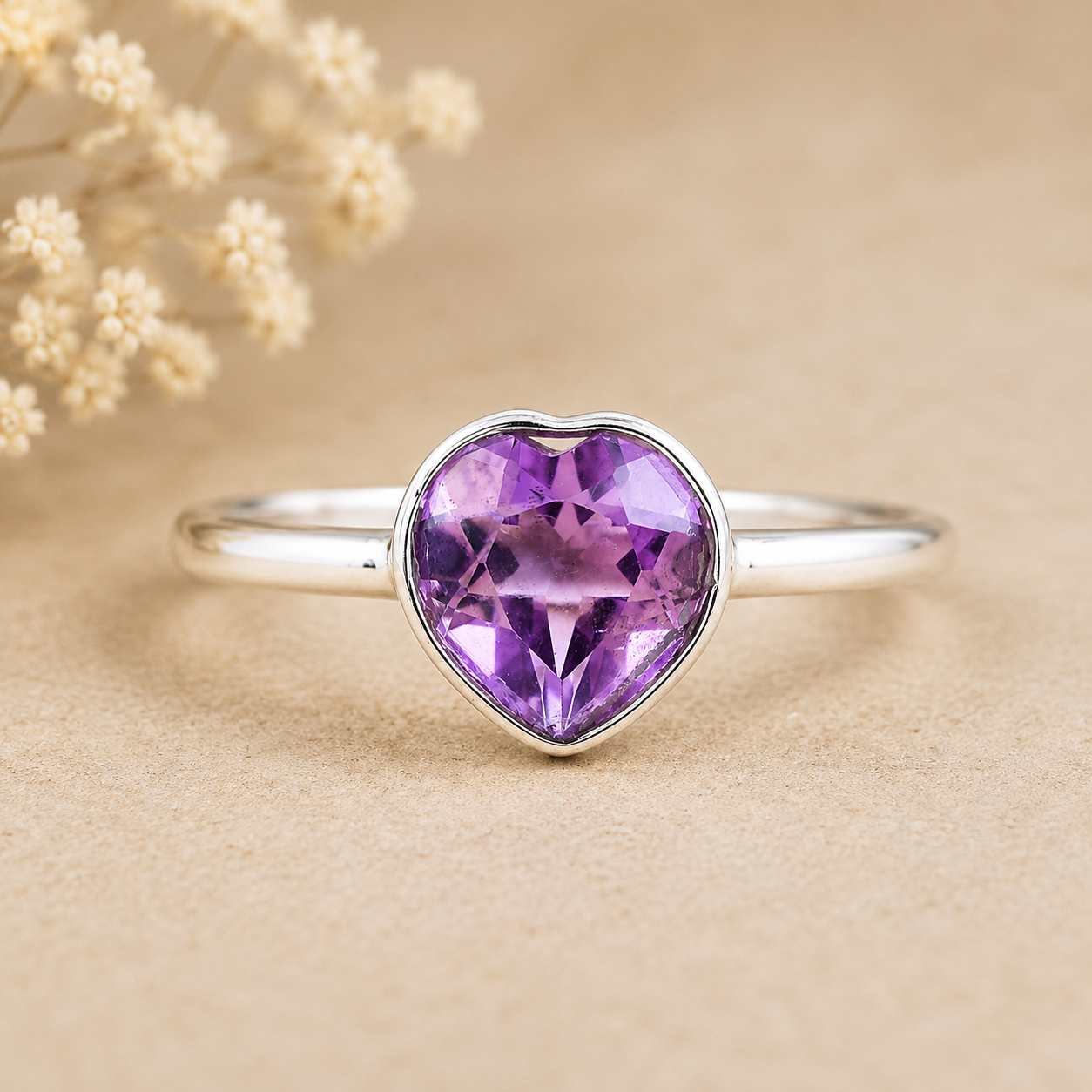 No Reserve 925 Sterling Silver 1.15 Ct Heart Amethyst Ring