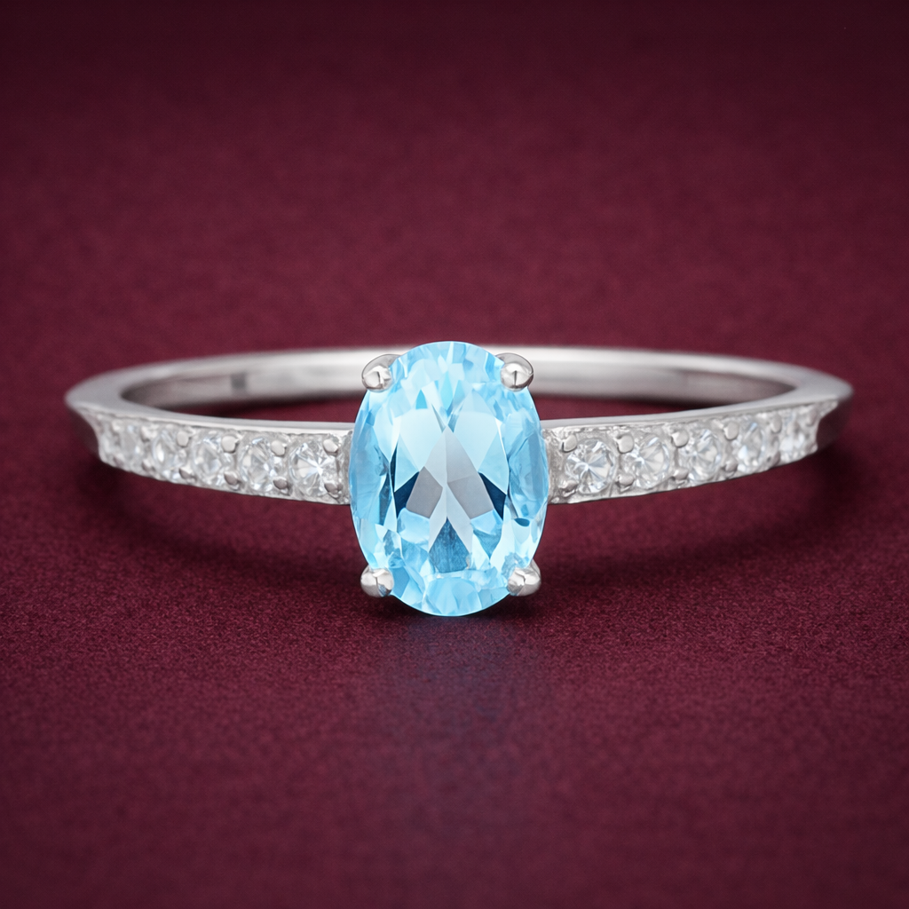 No Reserve 925 Sterling Silver 1.25 Ct Oval Blue Topaz Cubic Zirconia Ring 9 US Ring Size