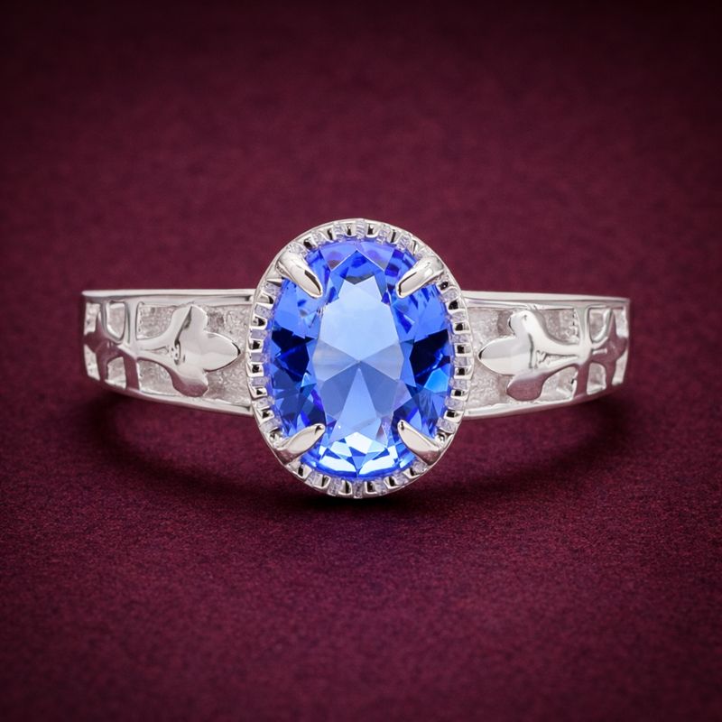 NO RESERVE 925 Sterling Silver 1.46 Ct Oval Created Tanzanite Ring 9 US Ring Size