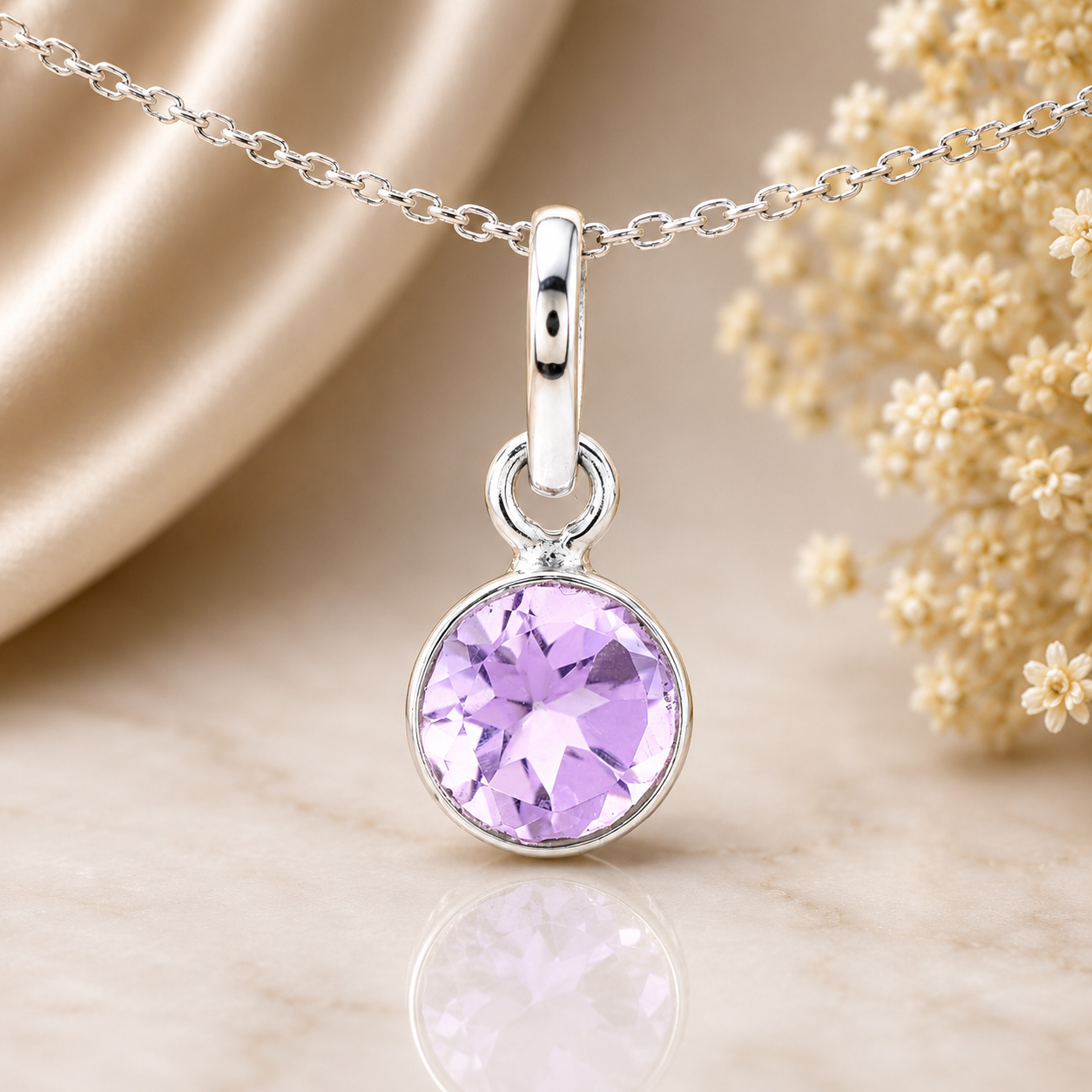No Reserve 925 Sterling Silver 2.30 Ct Round Amethyst Pendant