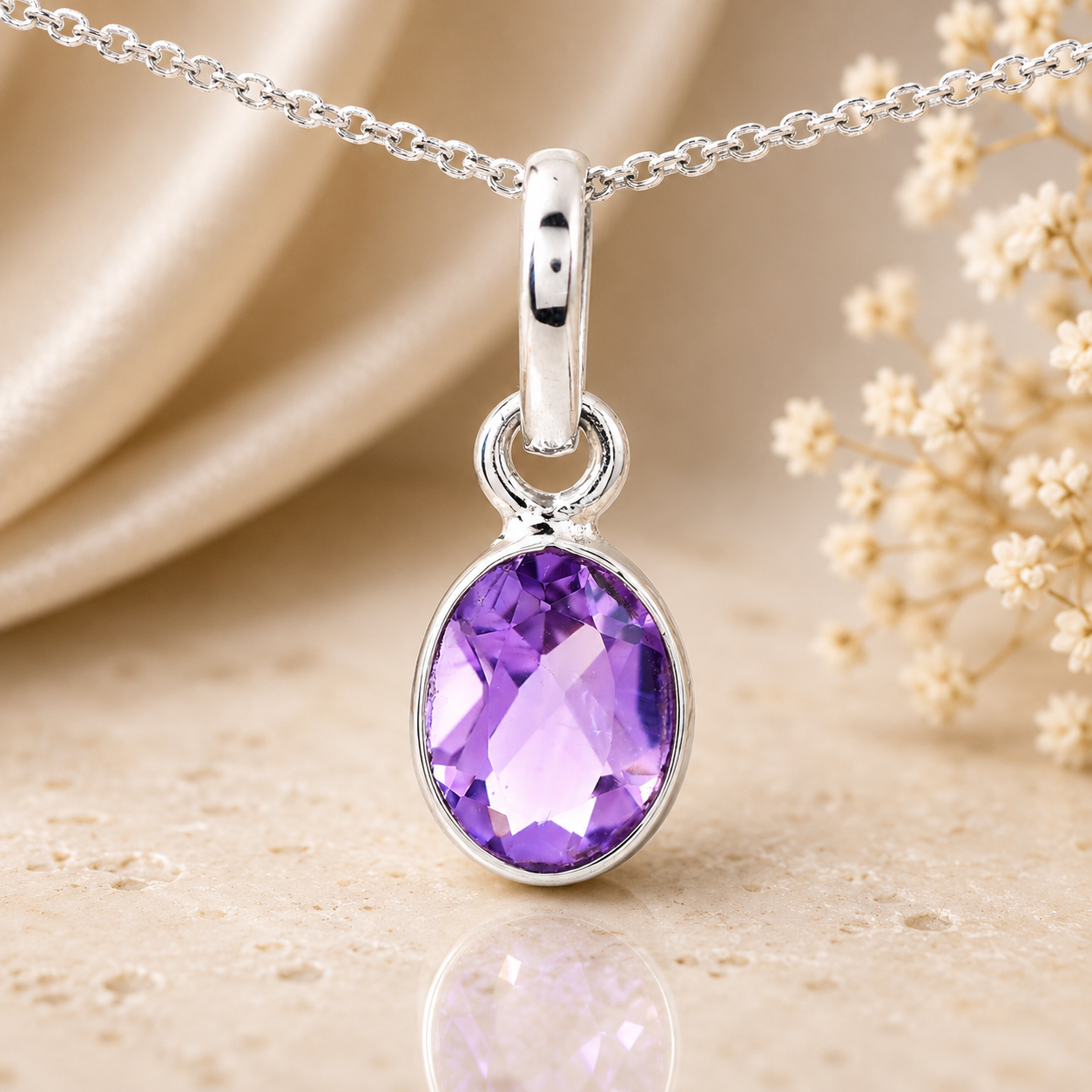 No Reserve 925 Sterling Silver 3.28 Ct Oval Amethyst Pendant