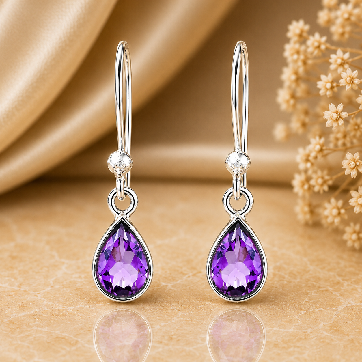 No Reserve 925 Sterling Silver 3.62 Ct Pear Amethyst Earrings