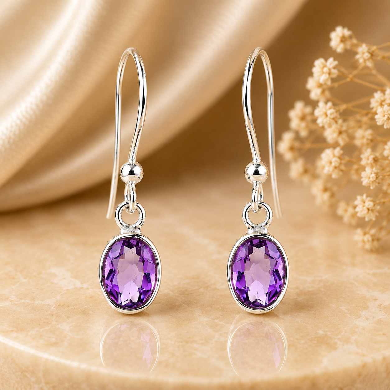 No Reserve 925 Sterling Silver 4.10 Ct Oval Amethyst Earrings