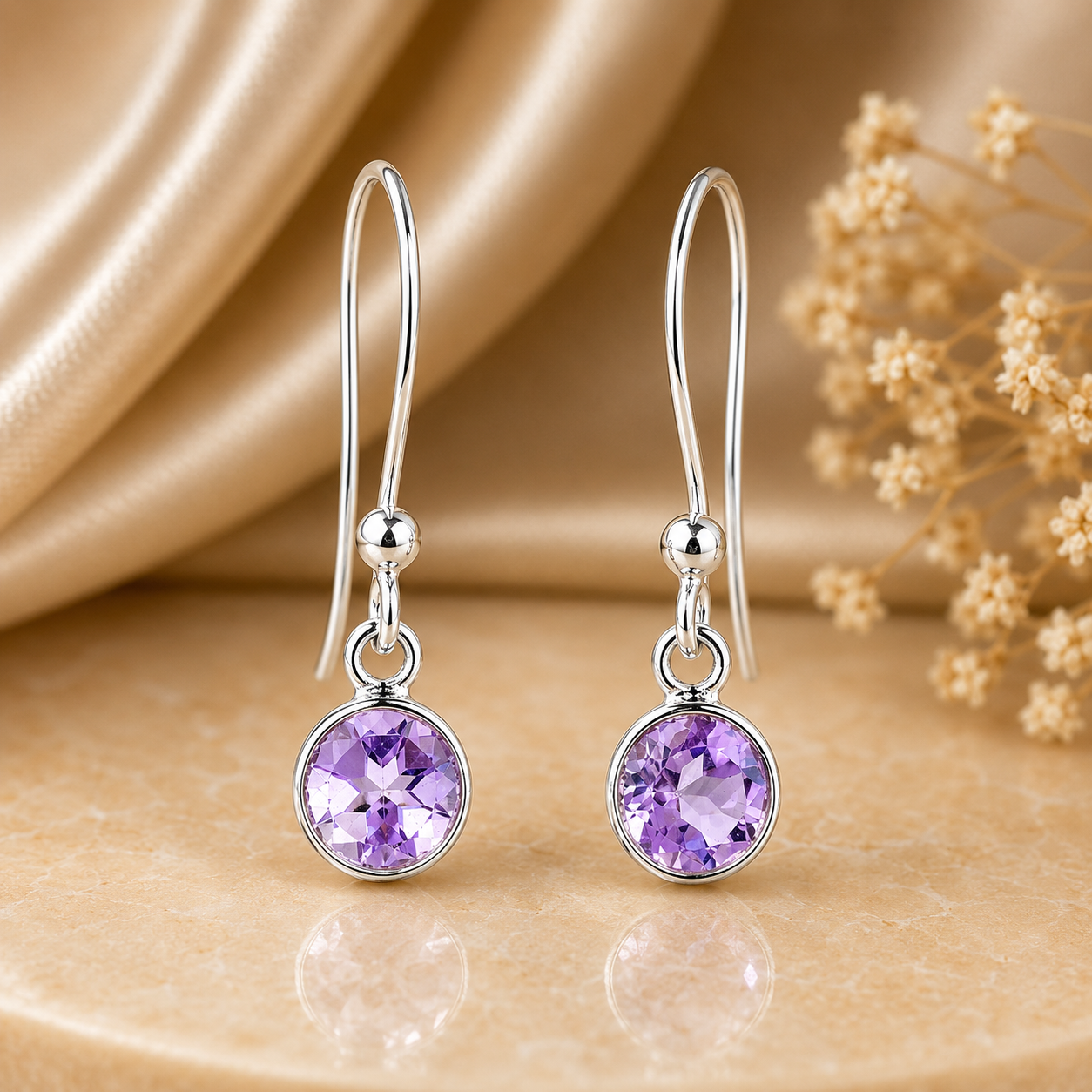 No Reserve 925 Sterling Silver 4.50 Ct Round Amethyst Earrings