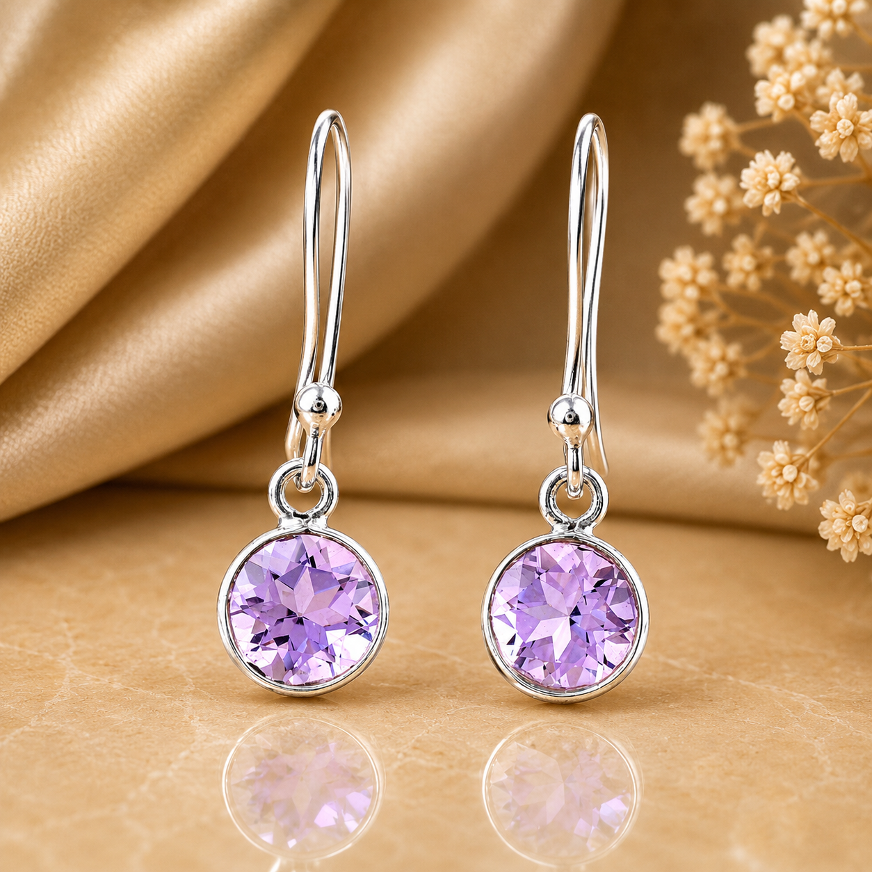 No Reserve 925 Sterling Silver 7.43 Ct Round Amethyst Earrings