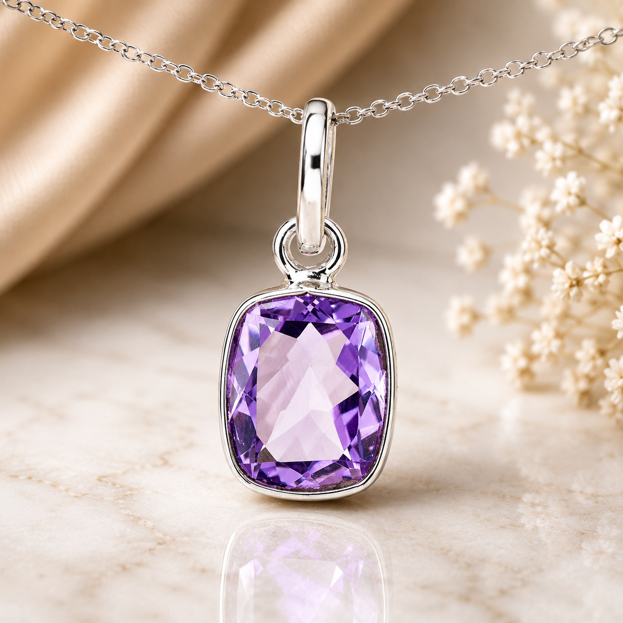 No Reserve 925 Sterling Silver 7.93 Ct Cushion Amethyst Pendant