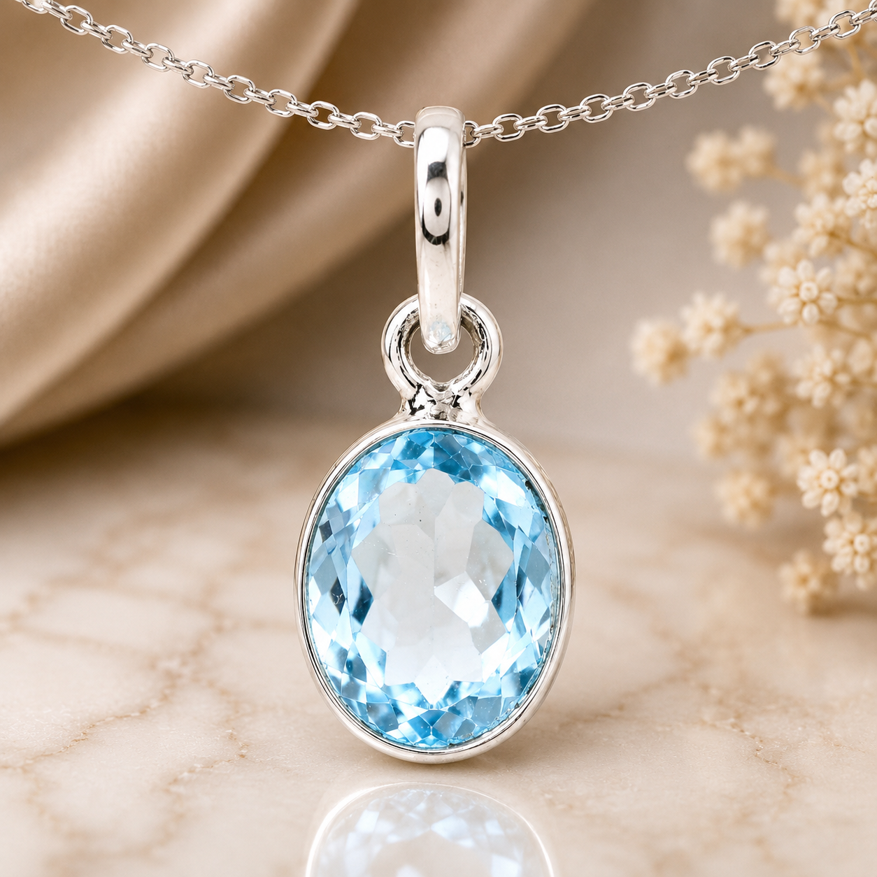 No Reserve 925 Sterling Silver 8.33 Ct Oval Blue Topaz Pendant