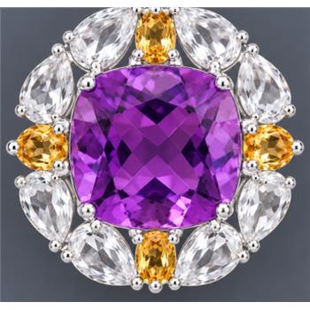 925 Sterling Silver 10.80 Ct Cushion Amethyst White Topaz Citrine Pendant