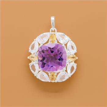 925 Sterling Silver 10.80 Ct Cushion Amethyst White Topaz Citrine Pendant