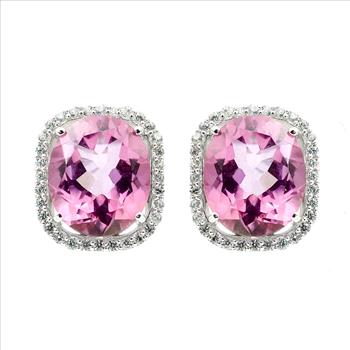 925 Sterling Silver 12.32 Ct Oval Pink Topaz White Zircon Earrings