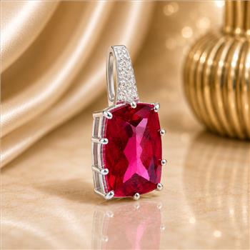 925 Sterling Silver 12.53 Ct Cushion Pink Topaz Cubic Zirconia Pendant