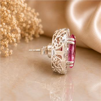 925 Sterling Silver 13.23 Ct Oval Pink Topaz White Zircon Earrings