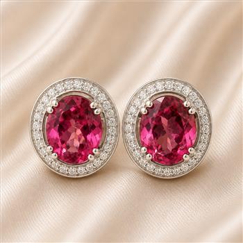 925 Sterling Silver 13.23 Ct Oval Pink Topaz White Zircon Earrings