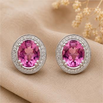 925 Sterling Silver 13.23 Ct Oval Pink Topaz White Zircon Earrings